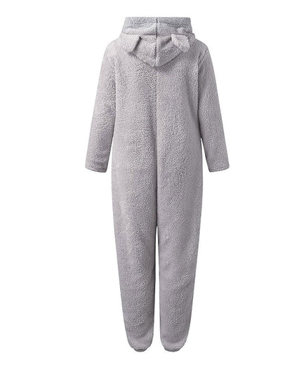 Teddy Bear Ear Zipper Hooded Plush Long-Sleeved Pants Onesie Pajamas