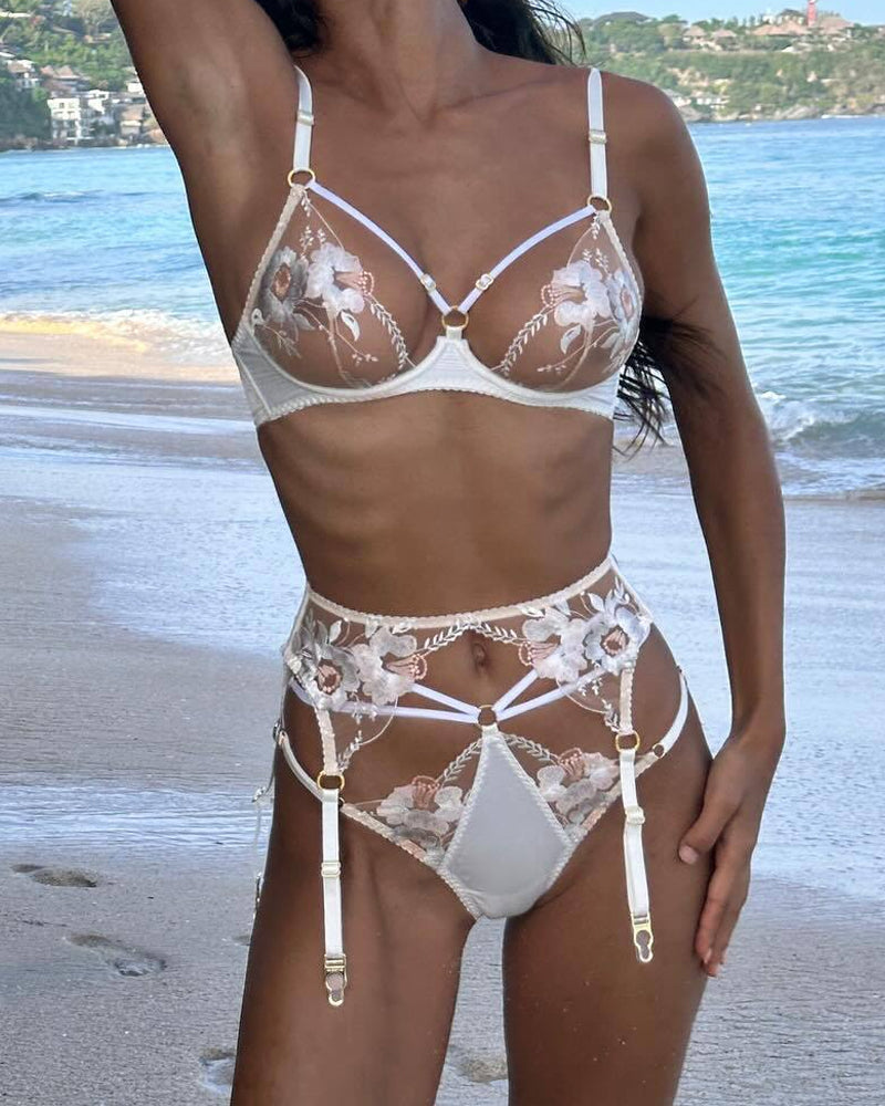 Sexy Floral Embroidered Sheer Mesh Lingerie Set