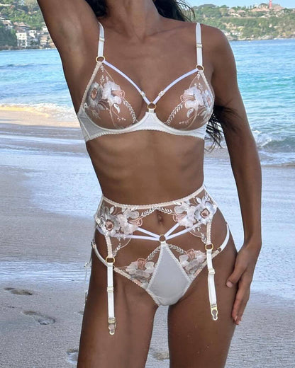 Sexy Floral Embroidered Sheer Mesh Lingerie Set