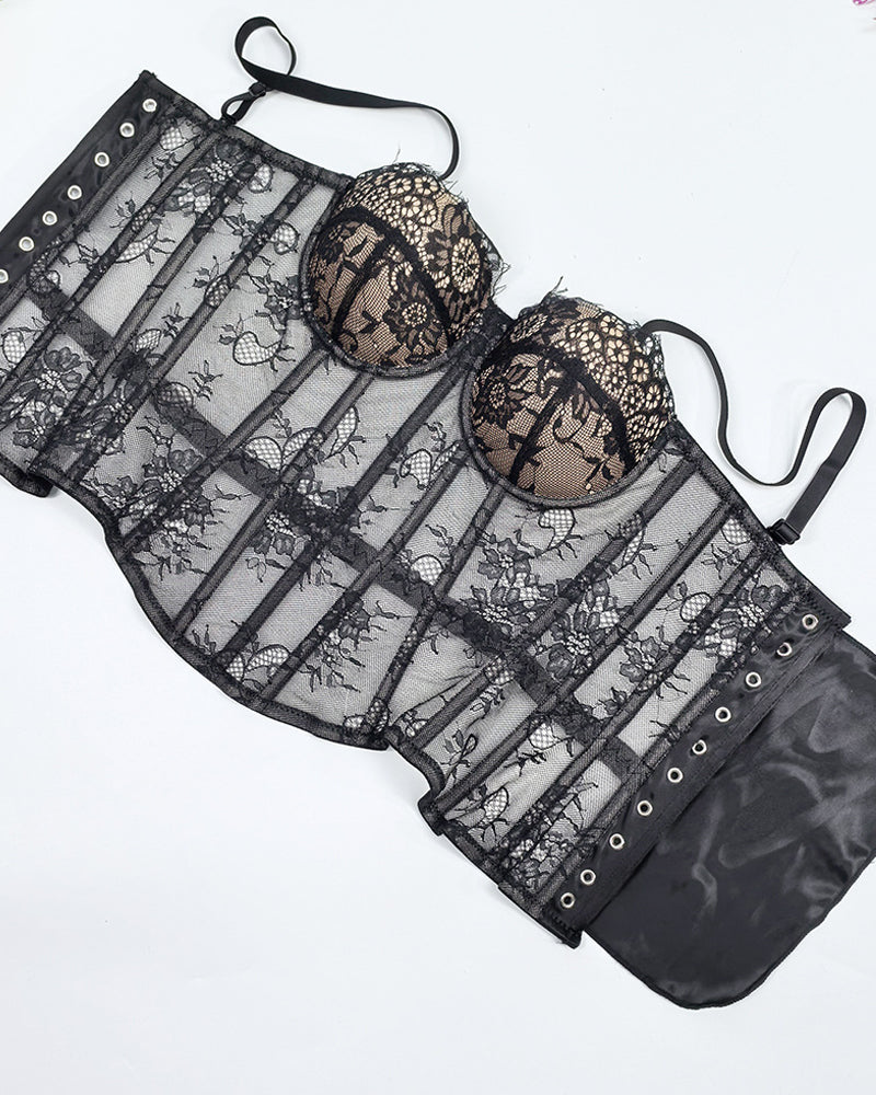 Sexy Strapless Lace Mesh See-through Underwire Bra Back Tie Fishbone Top