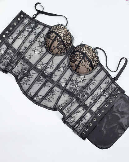 Sexy Strapless Lace Mesh See-through Underwire Bra Back Tie Fishbone Top