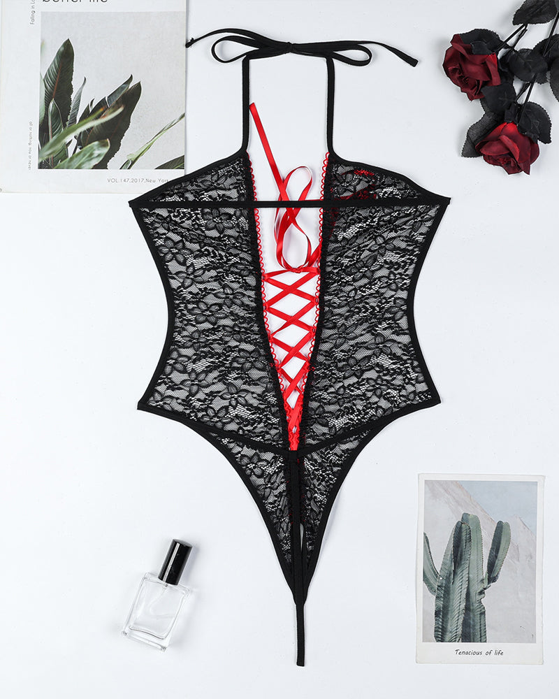Halter-neck Lace Colorblock Open-crotch Bodysuit Lingerie