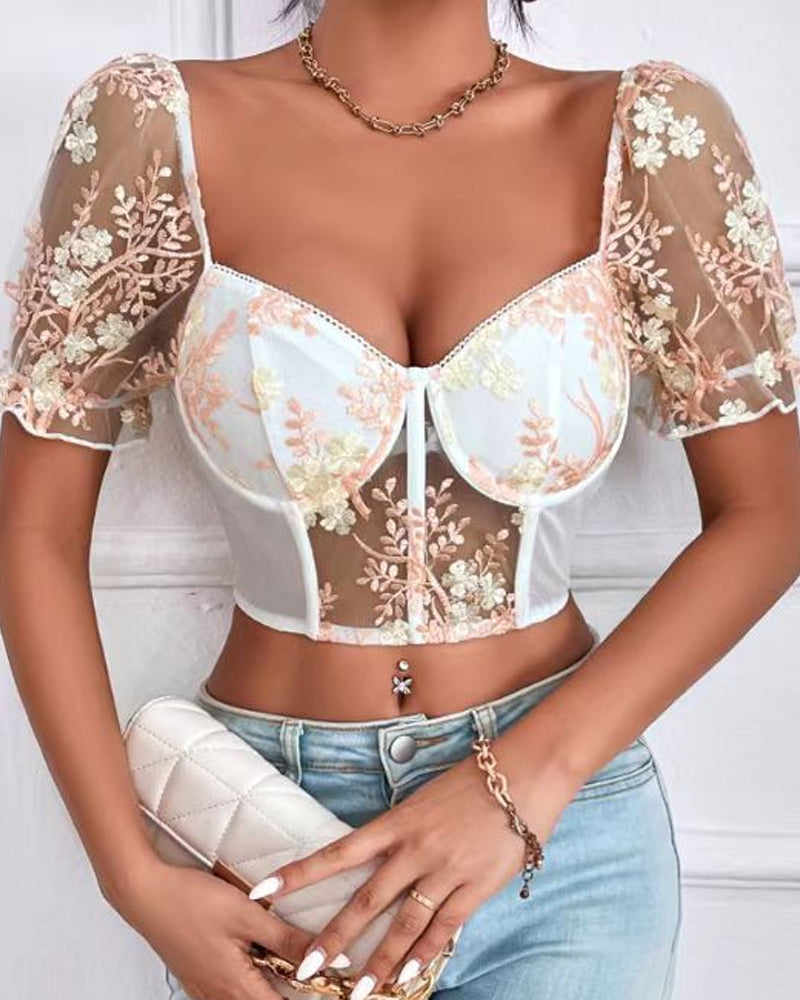 Sexy Low-cut Backless Embroidered Mesh Panels Puff Sleeves Top
