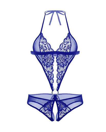 Sexy Lace Sheer Abdominal Ring Closure Open Crotch Bodysuit