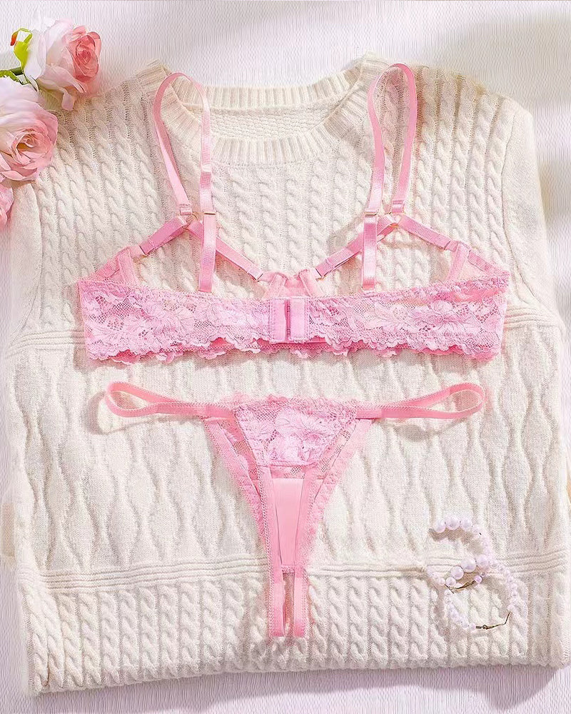 Sexy Lace Floral Openwork Bra and Thong Lingerie Set