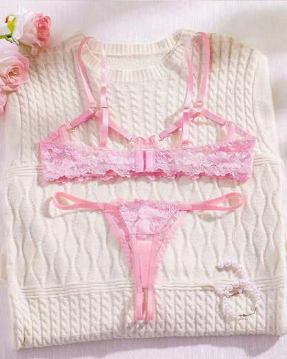Sexy Lace Floral Openwork Bra and Thong Lingerie Set
