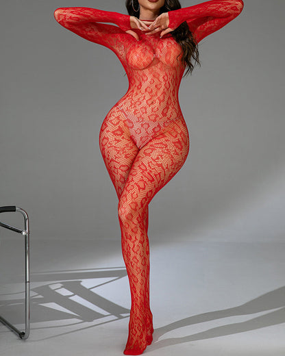 Leopard Sexy Backless Lace Fishnet Stretch Tight Long-sleeved Bodysuit