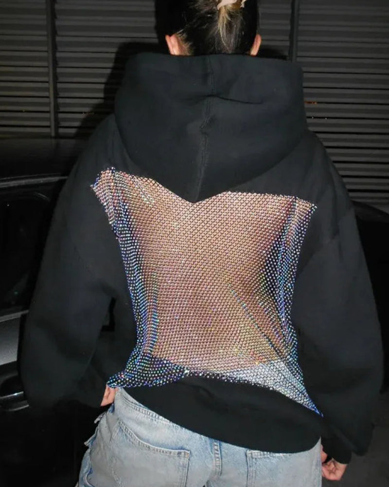 Fashion Solid Color Backless Cutout Mesh Panel Long-sleeved Hooded Sweatshirt