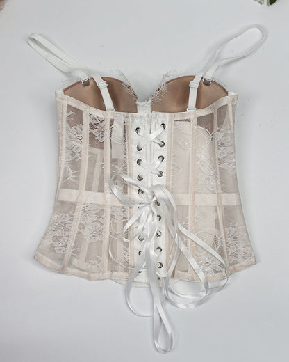 Sexy Strapless Lace Mesh See-through Underwire Bra Back Tie Fishbone Top