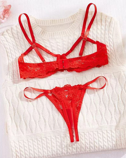 Sexy Lace Floral Openwork Bra and Thong Lingerie Set