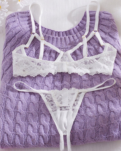 Sexy Lace Floral Openwork Bra and Thong Lingerie Set
