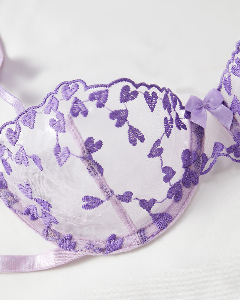 Sexy Sheer Mesh Heart-shaped Embroidery Underwire Lingerie Set