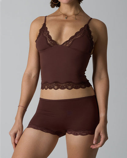 Sexy Skin-friendly Lace Trim V-neck Camisole and Boyshorts Underwear Set