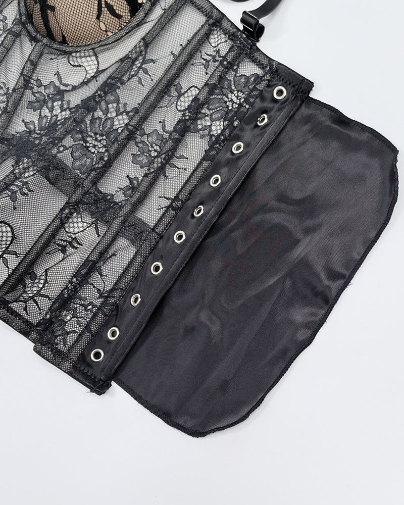 Sexy Strapless Lace Mesh See-through Underwire Bra Back Tie Fishbone Top