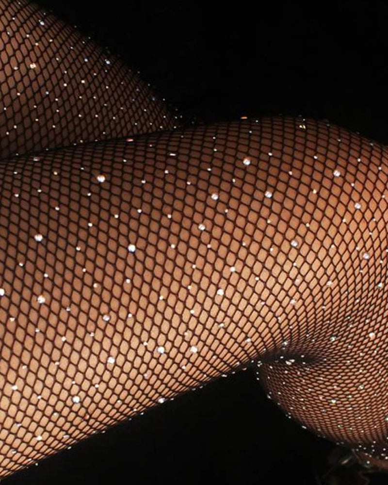 Sexy Rhinestone-embellished Open-crotch Sheer Mesh Pantyhose Tights