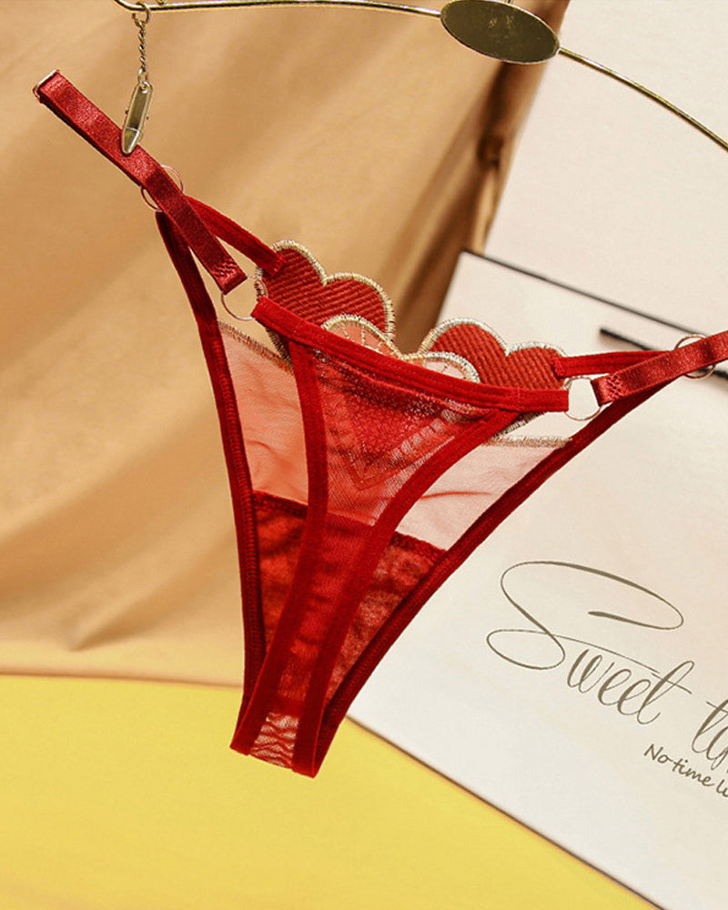 Heart Embroidered Sheer Mesh Sexy Thong
