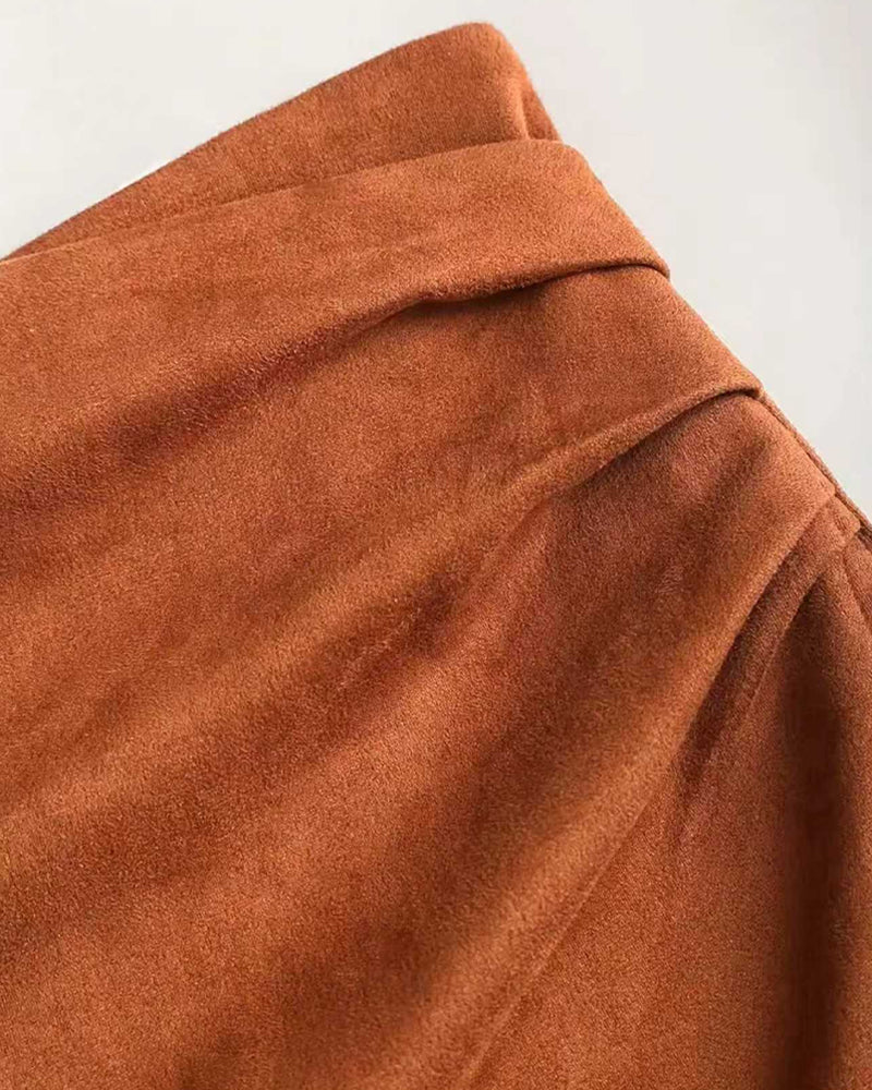 Retro Pleated Faux Suede Slim-fit Mid-waist Skirt