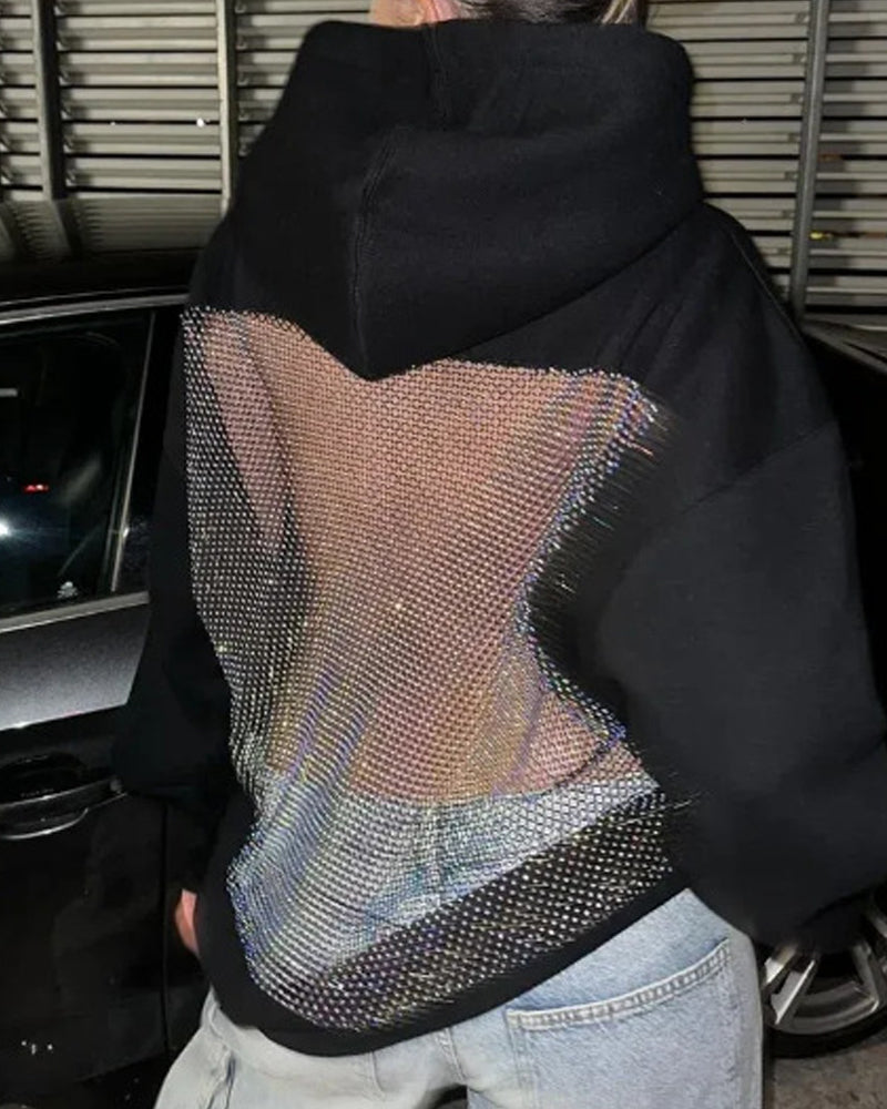 Fashion Solid Color Backless Cutout Mesh Panel Long-sleeved Hooded Sweatshirt