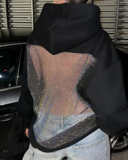 Fashion Solid Color Backless Cutout Mesh Panel Long-sleeved Hooded Sweatshirt