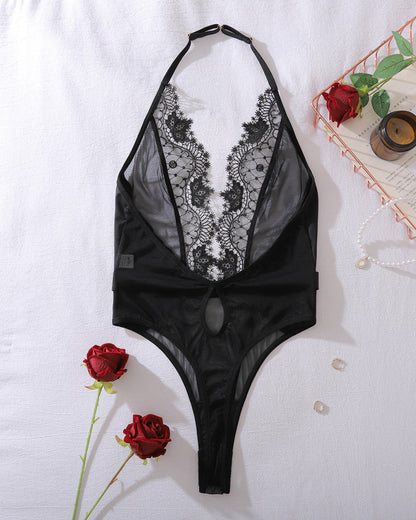 Deep V Halter Neck See-through Lace Sexy Bodysuit Lingerie