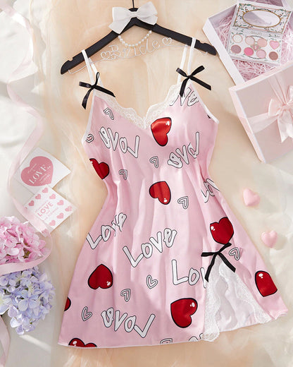 Valentine's Day Heart-themed Letter Print Lace-Trimmed Slit Short Nightgown