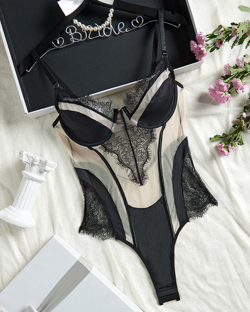 Sexy Mesh See-Through Lace Patchwork Colorblock Bodysuit