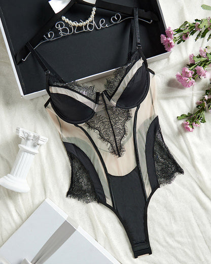 Sexy Mesh See-Through Lace Patchwork Colorblock Bodysuit
