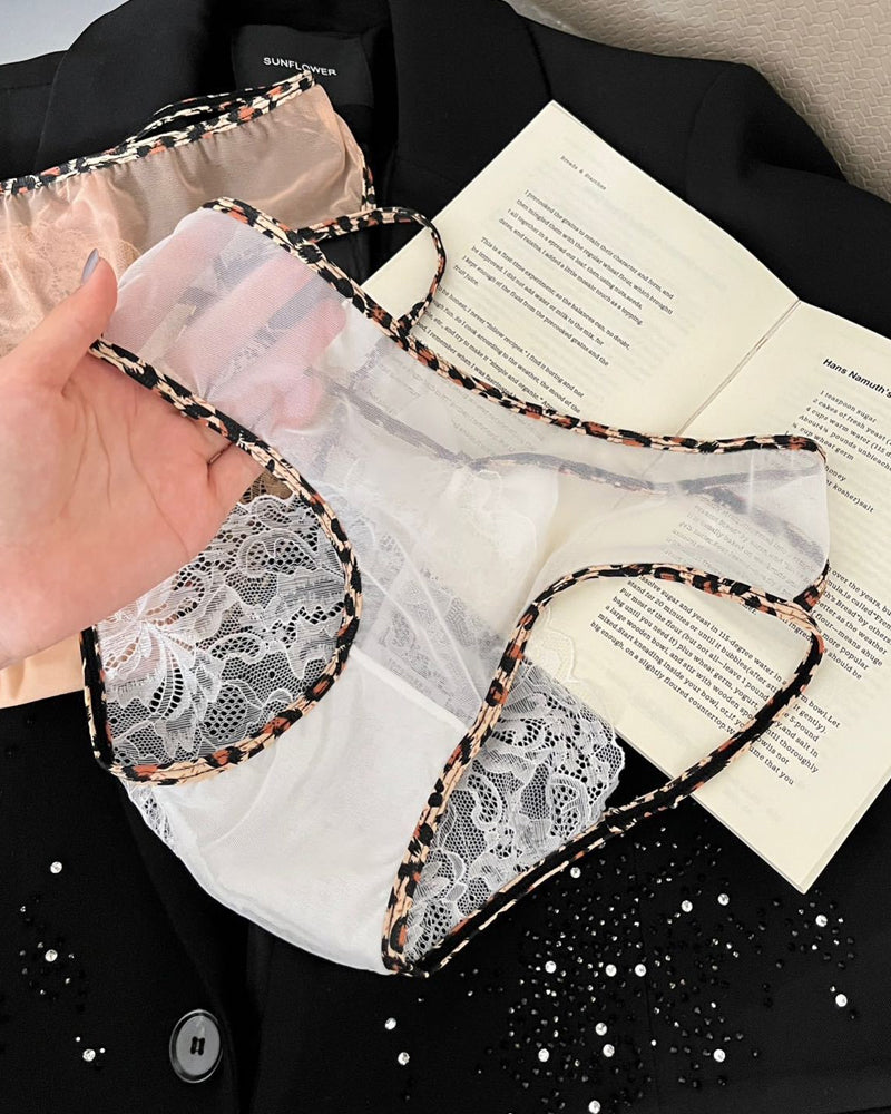 Leopard Print Lace Patchwork Mesh See-through Cutout Bell Bow Decoration Panties