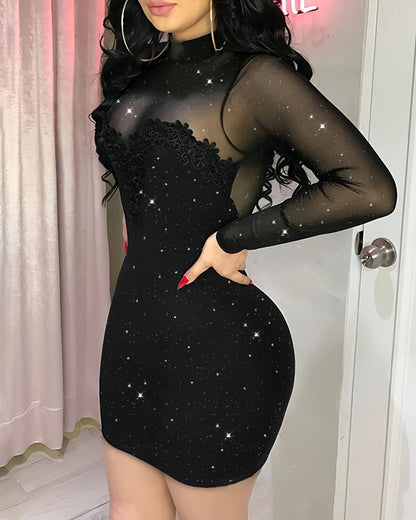 Shimmering Mesh Floral Embroidery Patchwork Round Neck Long Sleeve Bodycon Dress