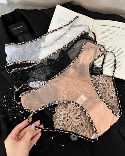 Leopard Print Lace Patchwork Mesh See-through Cutout Bell Bow Decoration Panties