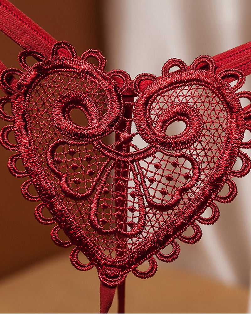 Sexy Heart-Shaped Lace Flower Pearl Embellished Thong