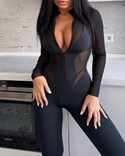 Sexy Mesh See-through Spliced Elastic Band Zipper Long-sleeved and Long-legged Fitness Bodysuit