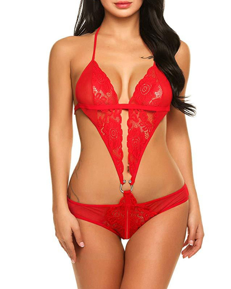 Sexy Lace Sheer Abdominal Ring Closure Open Crotch Bodysuit