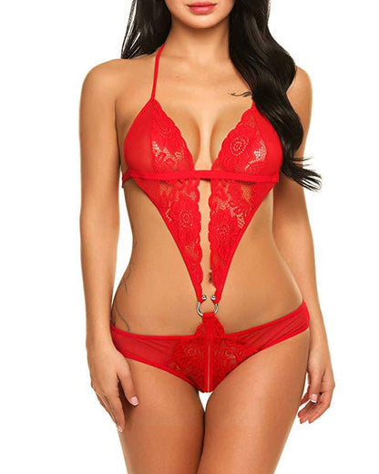 Sexy Lace Sheer Abdominal Ring Closure Open Crotch Bodysuit