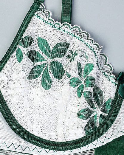 Retro Colorblock Sexy Green Leaf Lace Underwear With Stockings Set