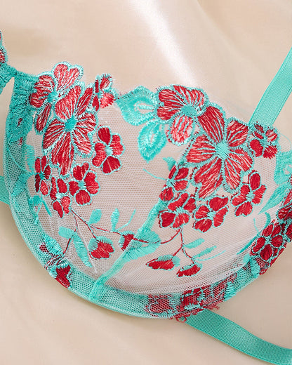 Sexy Flower Embroidered Mesh Lace Gathered Bra Set