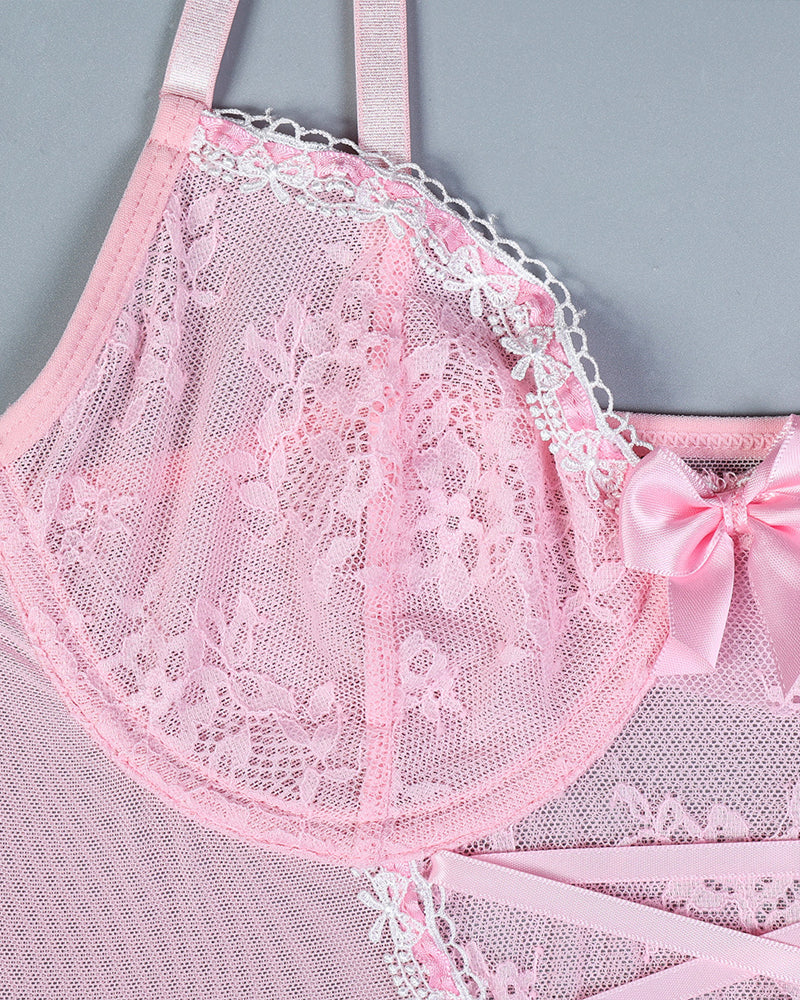 Sexy Lace Mesh See-Through Straps Cross Bow Mesh Ruffled Nightdress