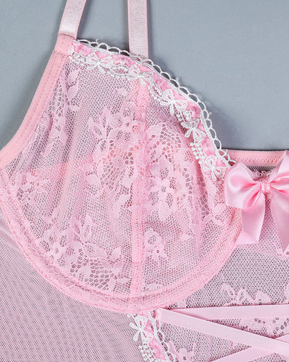 Sexy Lace Mesh See-Through Straps Cross Bow Mesh Ruffled Nightdress