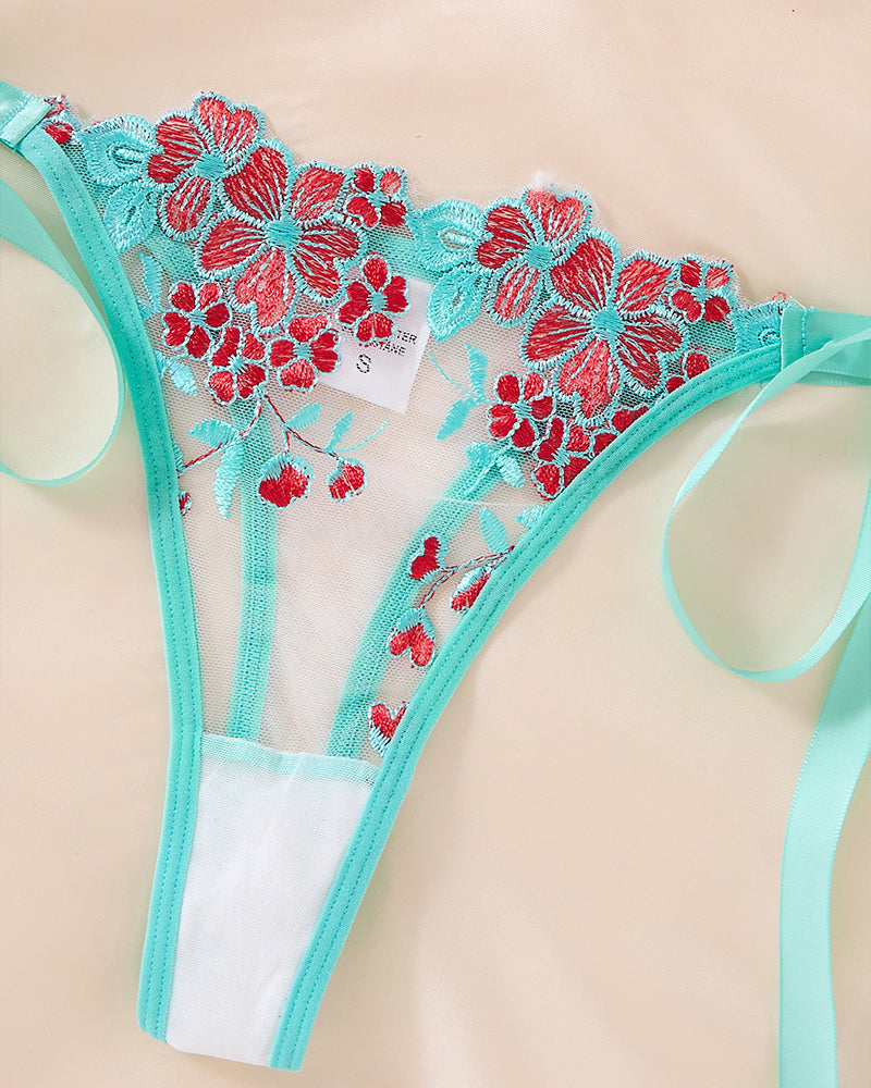 Sexy Flower Embroidered Mesh Lace Gathered Bra Set