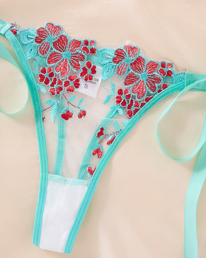 Sexy Flower Embroidered Mesh Lace Gathered Bra Set