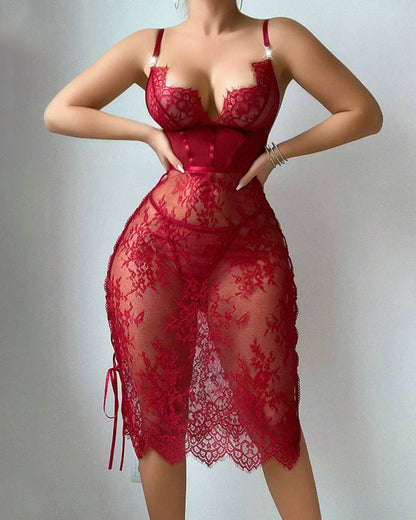 Sexy Flower Lace Hollow See-Through Side Strap Long Suspender Dress