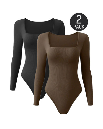 Trendy Square Neck Long Sleeve Bodysuit (2 Pack)