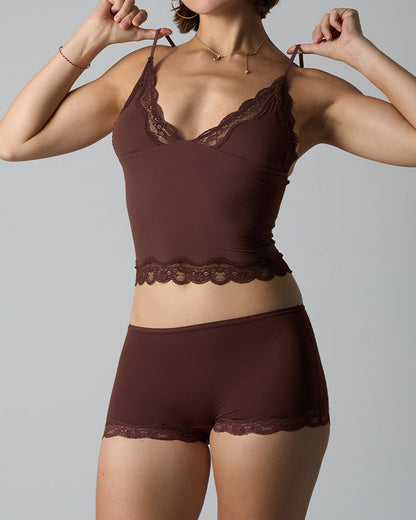 Sexy Skin-friendly Lace Trim V-neck Camisole and Boyshorts Underwear Set