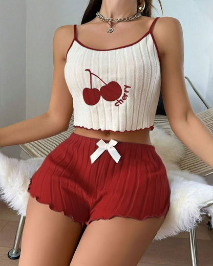 Cherry Brushed Colorblock Camisole and Shorts Loungewear Set