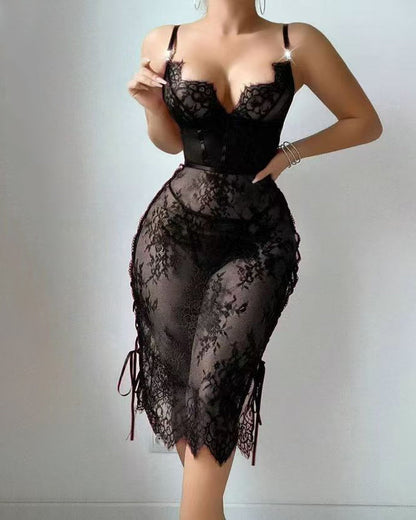Sexy Flower Lace Hollow See-Through Side Strap Long Suspender Dress