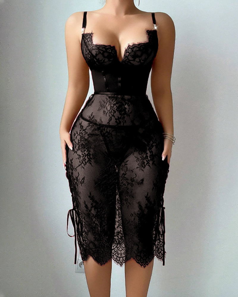 Sexy Flower Lace Hollow See-Through Side Strap Long Suspender Dress