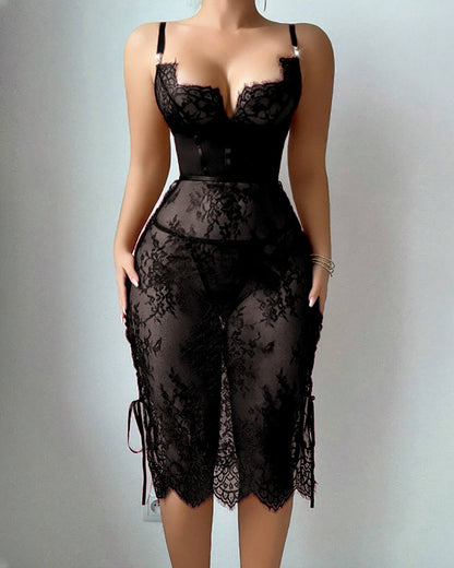 Sexy Flower Lace Hollow See-Through Side Strap Long Suspender Dress