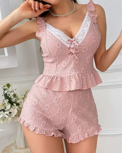 V-neck Ruffled Sleeveless Top and Shorts Pajama Set