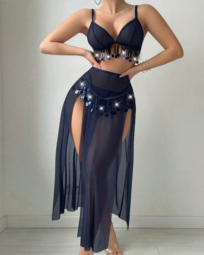 Tassel-decorated Deep V-neck Bra and High-slit Long Skirt Lingerie Set