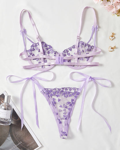 Sexy Sheer Mesh Heart-shaped Embroidery Underwire Lingerie Set